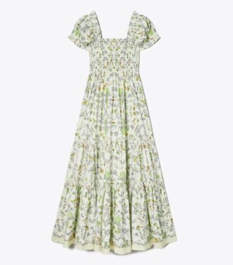 Bedrucktes Baumwollkleid mit Smokarbeit