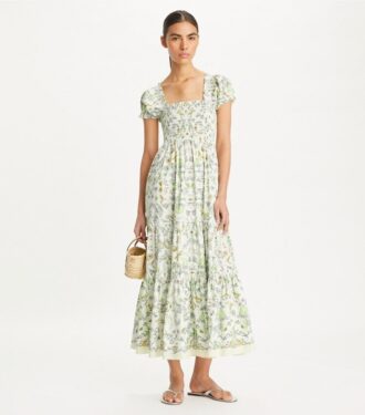 Bedrucktes Baumwollkleid mit Smokarbeit