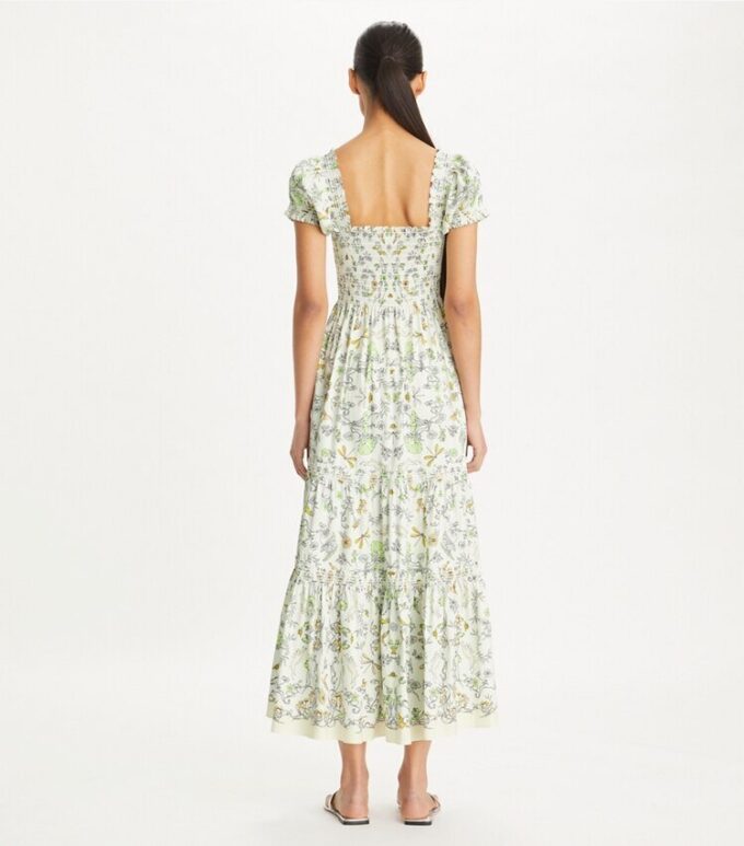 Bedrucktes Baumwollkleid mit Smokarbeit Bedrucktes Baumwollkleid mit Smokarbeit