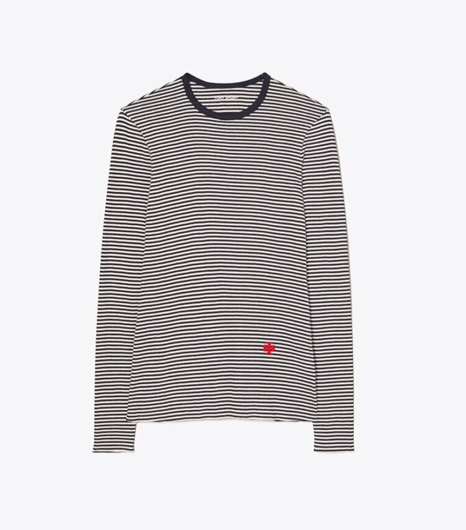 Gestreiftes, leichtes Langarm-T-Shirt mit Rippstrick