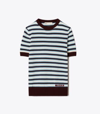 Kurzärmeliger Tennis-Pullover aus Kaschmir mit Streifen