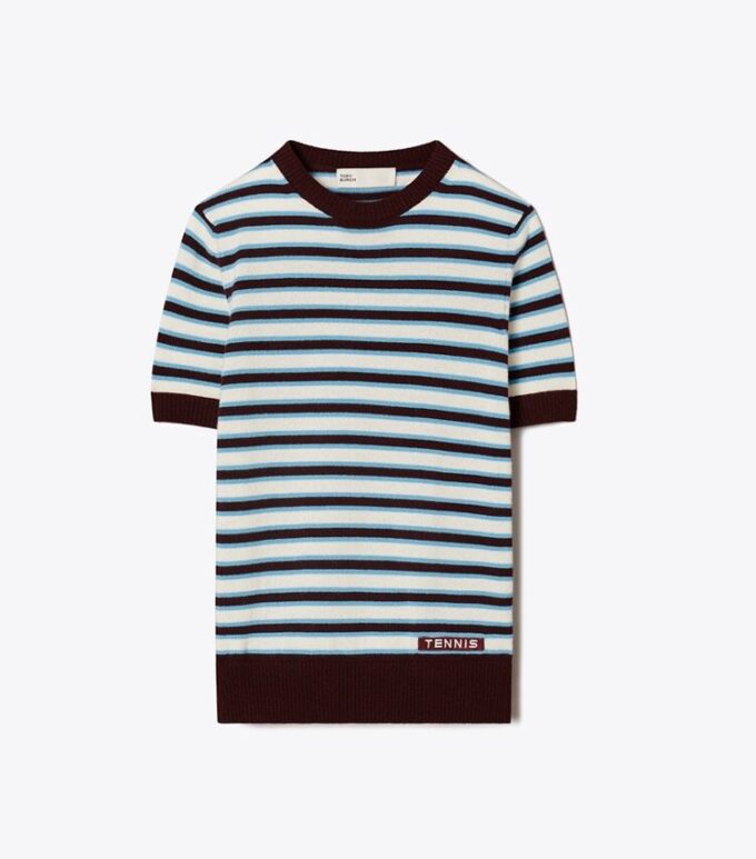 Kurzärmeliger Tennis-Pullover aus Kaschmir mit Streifen Kurzärmeliger Tennis-Pullover aus Kaschmir mit Streifen