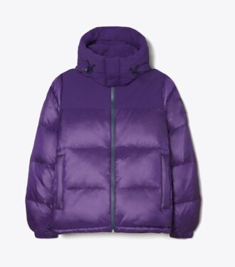 Nylon-Daunenjacke mit Kapuze und Kontraststreifen