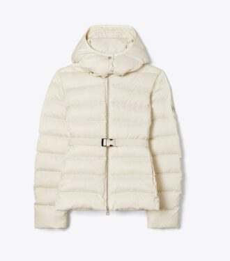 Satin-Daunenjacke mit Gürtel