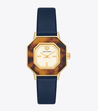 Sawyer Octagonal Uhr, marineblaues Leder/goldfarbener Edelstahl, 28 x 32 mm
