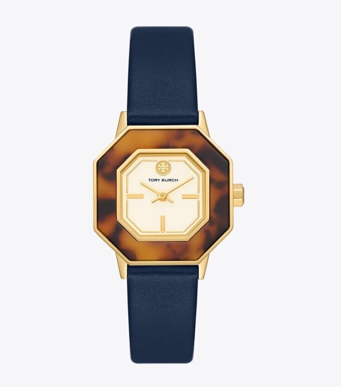 Sawyer Octagonal Uhr, marineblaues Leder/goldfarbener Edelstahl, 28 x 32 mm Sawyer Octagonal Uhr, marineblaues Leder/goldfarbener Edelstahl, 28 x 32 mm