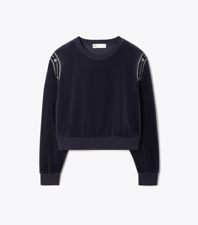 T Logo Velours-Pullover mit Rundhalsausschnitt T Logo Velours-Pullover mit Rundhalsausschnitt