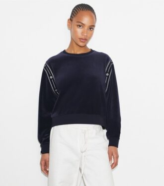 T Logo Velours-Pullover mit Rundhalsausschnitt