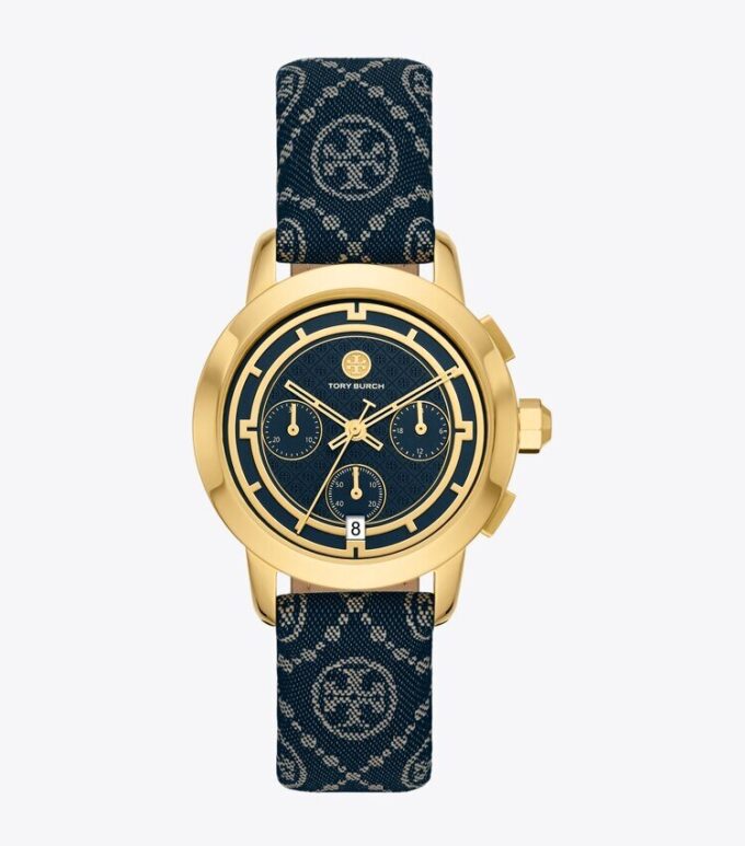 T Monogram Tory Uhr, Leder/goldfarbener Edelstahl T Monogram Tory Uhr, Leder/goldfarbener Edelstahl