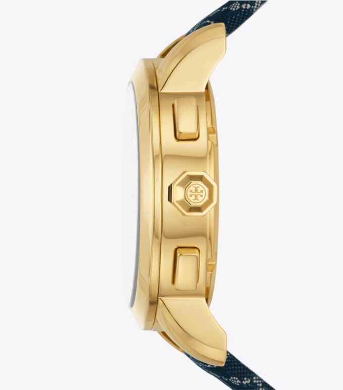T Monogram Tory Uhr, Leder/goldfarbener Edelstahl T Monogram Tory Uhr, Leder/goldfarbener Edelstahl
