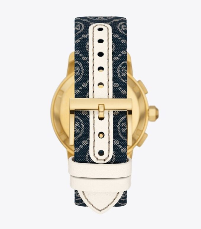 T Monogram Tory Uhr, Leder/goldfarbener Edelstahl T Monogram Tory Uhr, Leder/goldfarbener Edelstahl