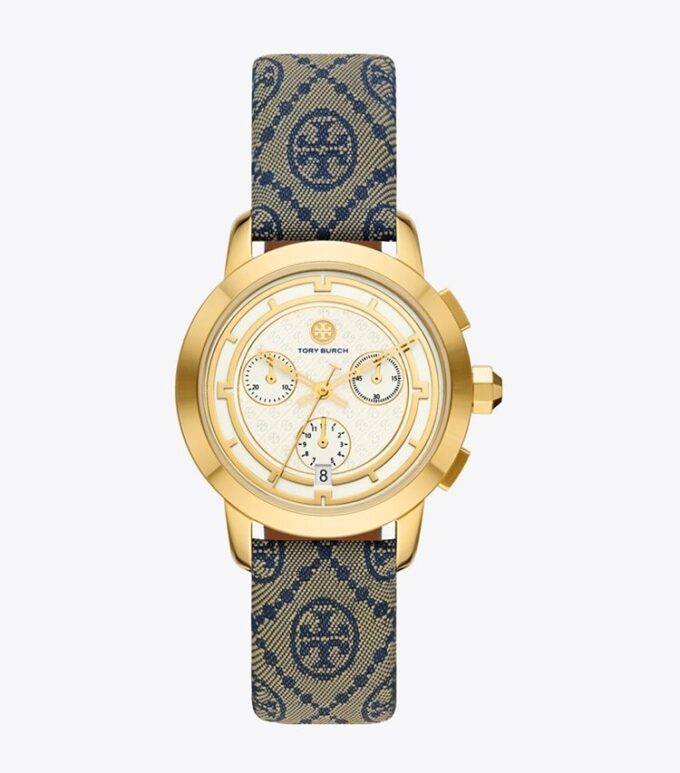 T Monogram Tory Uhr, Marineblau/Goldfarbener Edelstahl, 37 x 37 mm T Monogram Tory Uhr, Marineblau/Goldfarbener Edelstahl, 37 x 37 mm