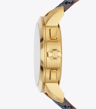 T Monogram Tory Uhr, Marineblau/Goldfarbener Edelstahl, 37 x 37 mm