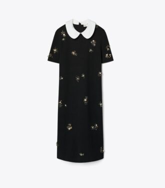 Verziertes Popeline-Kragen-Strickkleid