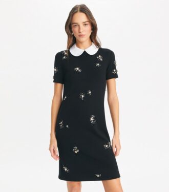 Verziertes Popeline-Kragen-Strickkleid