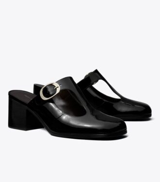 Violette Pantolette mit T-Riemchen und Absatz Violette Pantolette mit T-Riemchen und Absatz