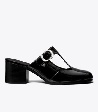 Violette Pantolette mit T-Riemchen und Absatz Violette Pantolette mit T-Riemchen und Absatz
