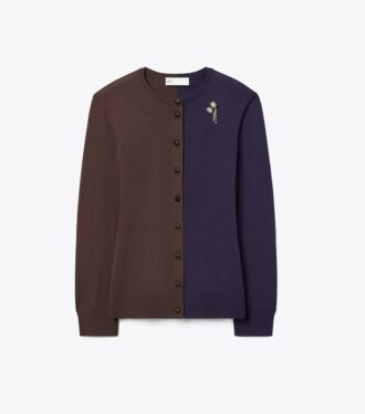Wollcardigan mit Broschen-Farbblock